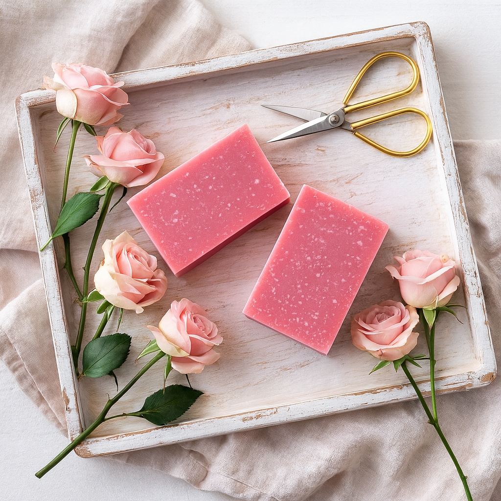 Blushed Silk Soap Bars on a whitewashed tray