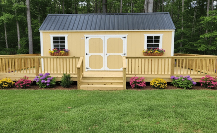 The Pleasant Run Farms studio building in Fairburn, Georgia — a cozy workshop surrounded by garden flowers