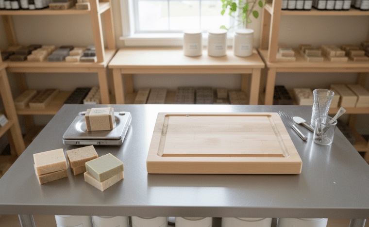 Soap making workbench at Pleasant Run Farms studio with handmade soap bars, scale, and cutting board