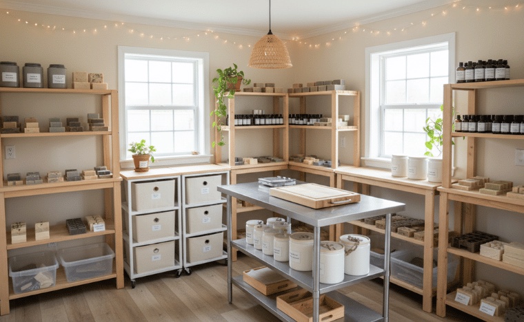 Inside the Pleasant Run Farms handmade candle and soap studio — shelves of small-batch products with warm string lights